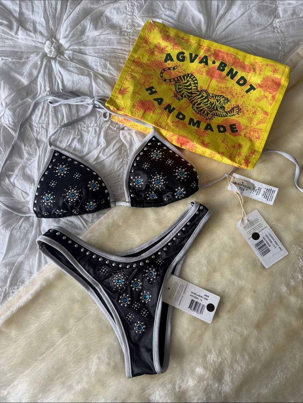 AGUABENDITA Handmade Black Embellished Bikini Set with Water Resistant Pouch